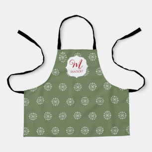 Tablier Monogramme Noël mignon Simple Flocon de neige vert