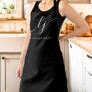 Tablier Monogramme Noir Blanc Moderne Calligraphie Minimal