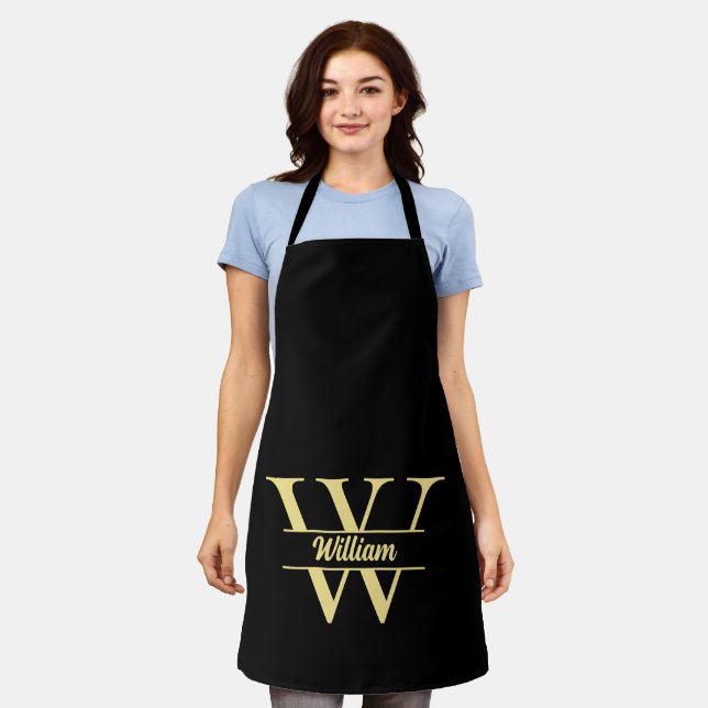 Tablier Monogramme noir et or | Écriture initiale élégante (Porté)