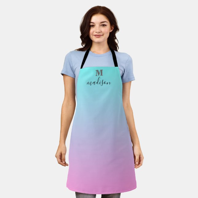 Tablier Monogramme Ombre moderne Aqua bleu rose (Porté)