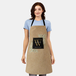 Tablier Monogramme Or Rustique Aquarelle Et Feuillage Avec