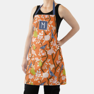 Tablier Monogramme orangé et bleu de la Chinoiserie Oiseau
