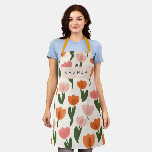 Tablier Monogramme Personnalisé Cute Spring Tulip Motif (Porté)