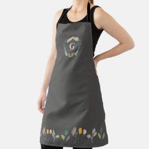 Tablier Monogramme personnalisé Élégant floral gris ros