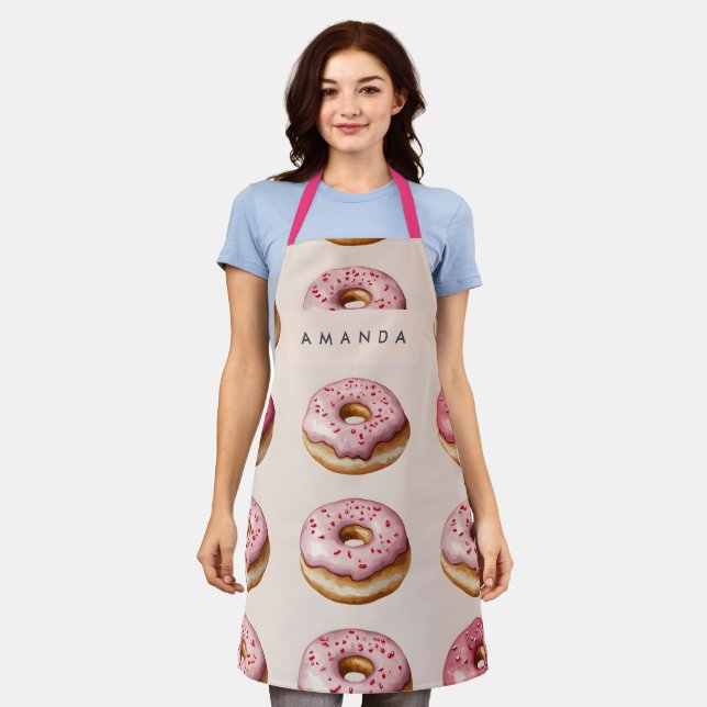 Tablier Monogramme Personnalisé Motif de Donut Rose (Porté)