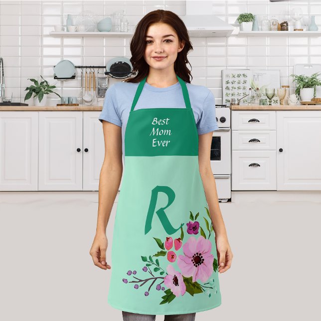 Tablier Monogramme personnalisé Thanksgiving Floral Green (Créateur téléchargé)