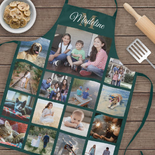 Tablier Monogramme Photo Collage Grille Motif Vert Or