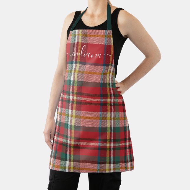 Tablier Monogramme Plaid Rouge et Vert Vacances Rustique (Insitu)