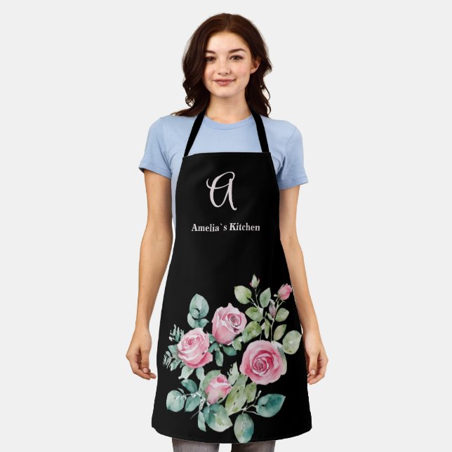 Tablier Monogramme Rose Floral Personnalisé (Porté)