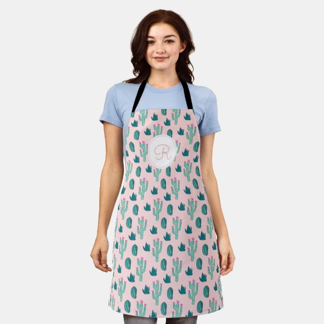Tablier Monogramme rose Motif de cactus Whimsical (Porté)