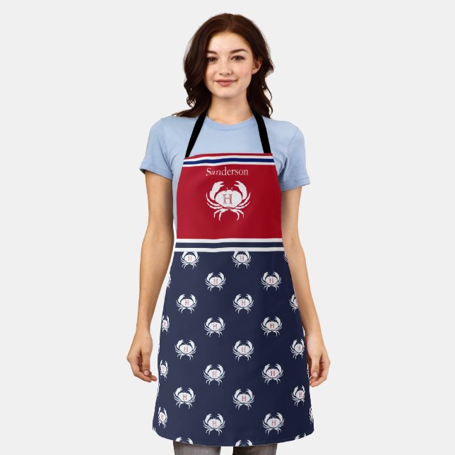 Tablier Monogramme Rouge Blanc Marine Bleu Crabe Nautique  (Porté)