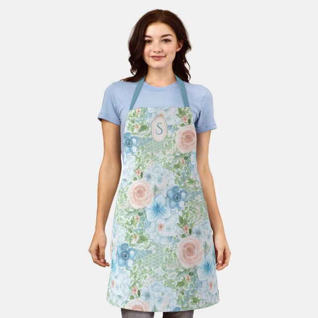 Tablier Monogramme rustique bleu rose vert floral (Porté)