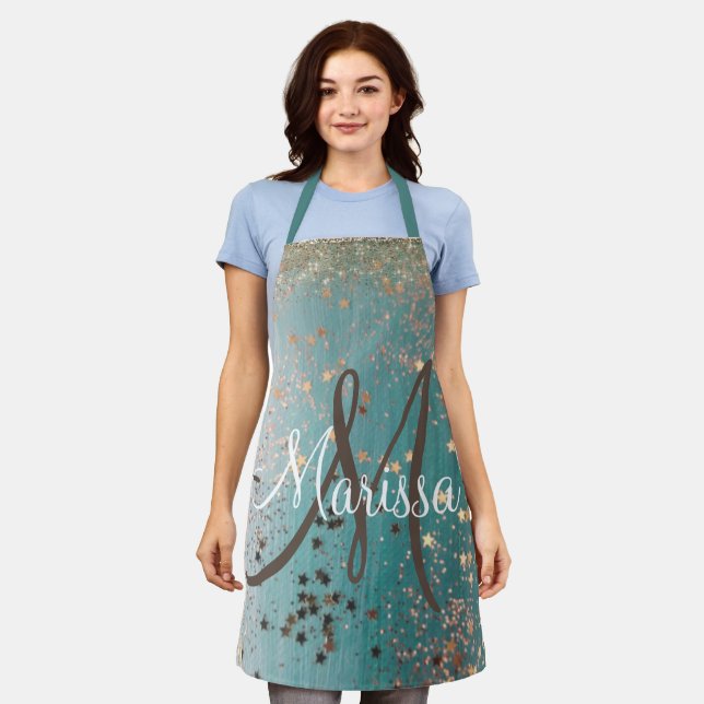 Tablier Monogramme Shimmery Gold Stars Sur Turquoise (Porté)