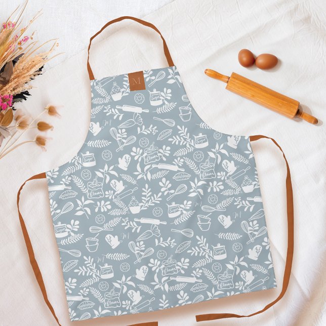 Tablier Monogramme Style Country Floral Cuisson Motif Bleu (Monogram Country Style Floral Baking Pattern Blue Apron)