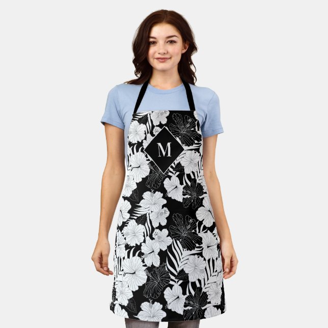 Tablier Monogramme tropical hawaïen noir et blanc (Porté)