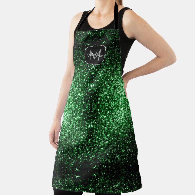 Tablier Monogramme vert foncé faux parties scintillant sci (Insitu)