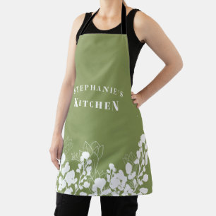 Tablier Moss Green Nom personnalisé Blanc floral Apron