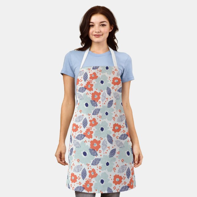 Tablier Motif à fleurs moderne orange et bleu (Porté)
