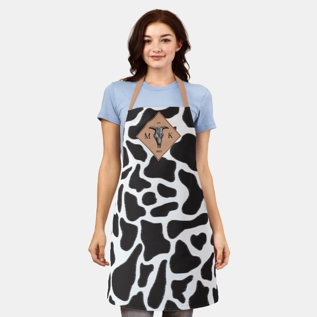 Tablier Motif animal noir et blanc Vache tache Monogramme (Porté)
