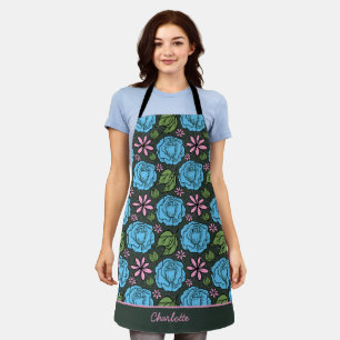 Tablier Motif bleu rose floral cousu personnalisé