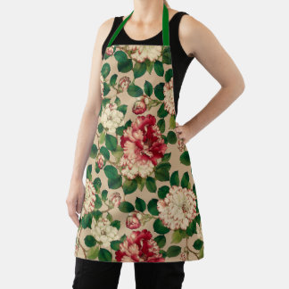 Tablier Motif Camélia Japonais. Rose foncé sur beige