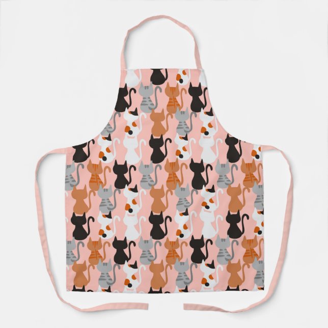 Tablier Motif Chat Cute Sur Rose Bleu (Recto)