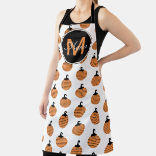 Tablier Motif Citrouille rayé noir orange monogramme