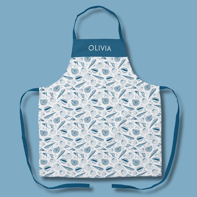 Tablier Motif côtier de coquillages bleus (Blue and white coastal seashell personalized kitchen apron)