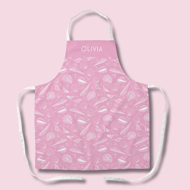 Tablier Motif côtier de coquillages roses (Pink seashell coastal chic personalized kitchen apron.  Matching homeware available.)