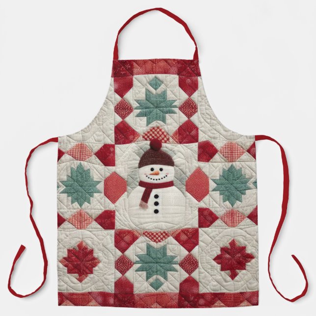 Tablier Motif courbé Snowman Rouge Blanc Vert (Recto)