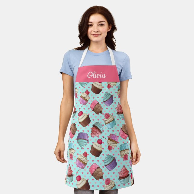 Tablier Motif Cute Cupcake, espace Texte personnalisé (Porté)