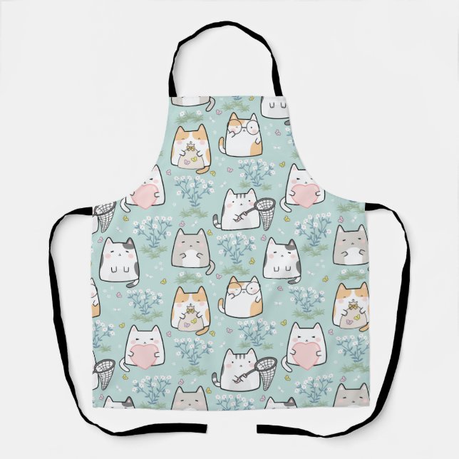Tablier Motif Cute Kawaii Chats papillons plantes (Recto)