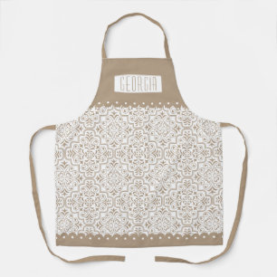 Tablier Motif damassé blanc taupe avec bordures de pétoncl