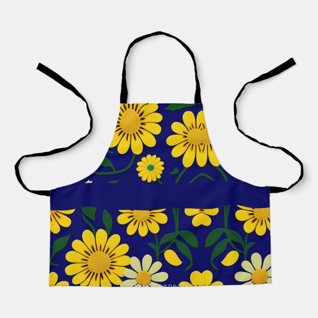 Tablier Motif d'aquarelle bleu Floral Jaune (Recto)