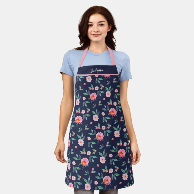 Tablier Motif d'aquarelle florale bleu marine (Porté)