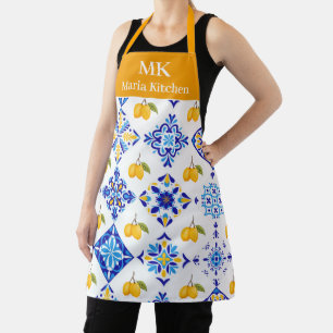 Tablier Motif de citron de pays français bleu avec monogra