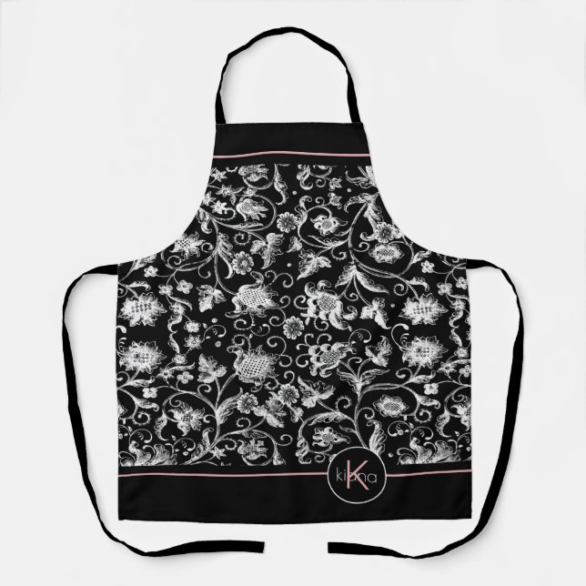 Tablier Motif de Damas florales Monogramme blanc/n'importe (Recto)