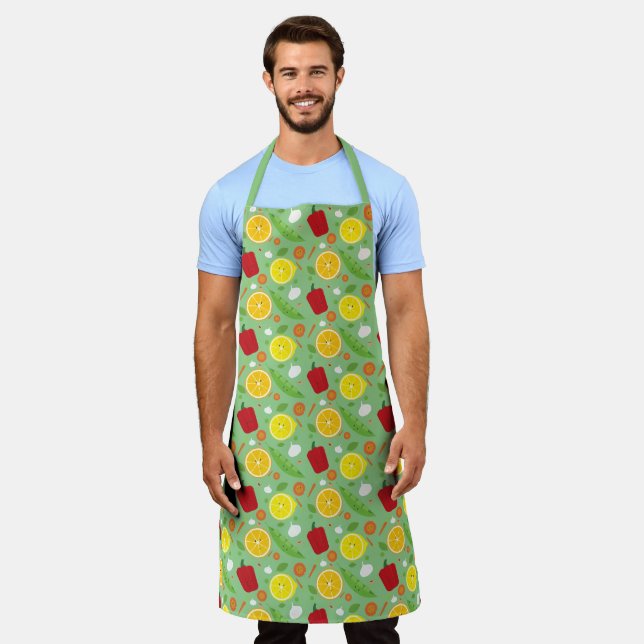 Tablier Motif de dessin animé vert de fruits souriants (Porté)