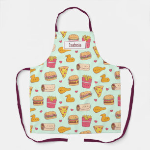 Tablier Motif de dessins mignons de fast-food avec nom