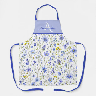 Tablier Motif de fleur sauvage à l'aquarelle bleue Nom per