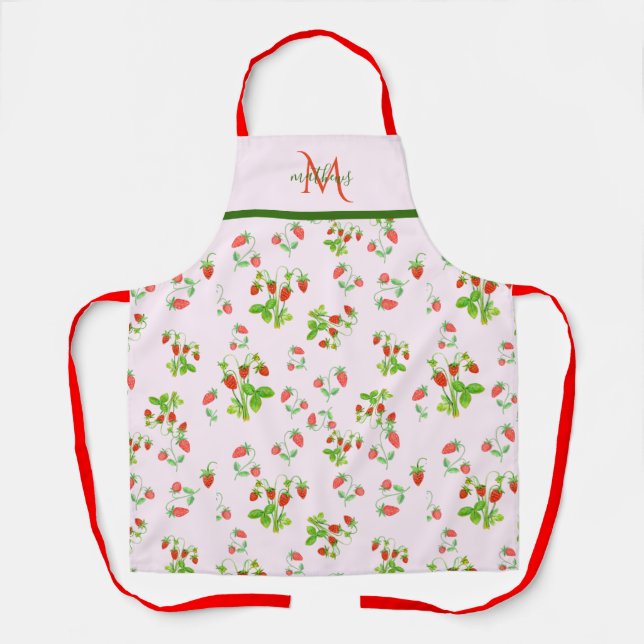 Tablier Motif de fraise à l'aquarelle Monogram sur rose (Recto)