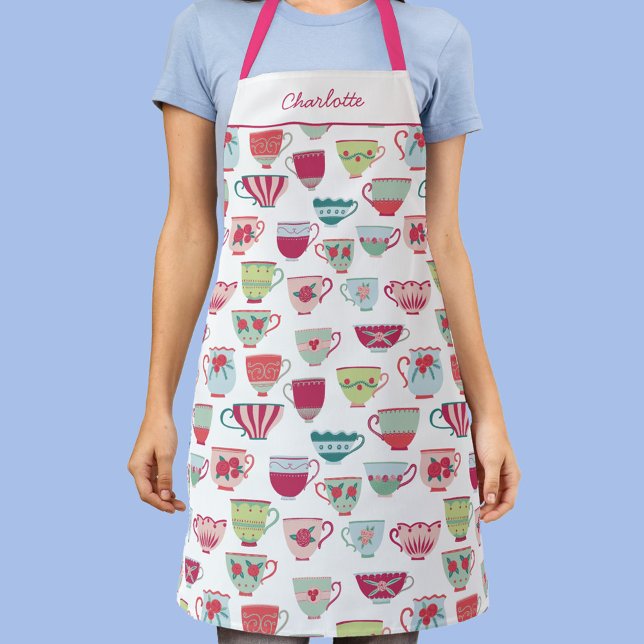 Tablier Motif de la Coupe de Thé personnalisé (Personalized script name fun vintage teacup apron)