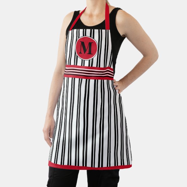 Tablier Motif de ligne rouge noir blanc monogramme (Insitu)