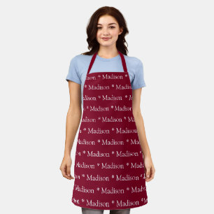 Tablier Motif de texte de nom blanc bordeaux personnalisé
