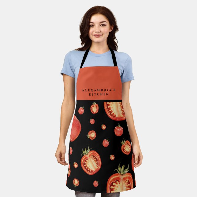 Tablier Motif de tomate rouge et noir | Votre nom + Cuisin (Porté)