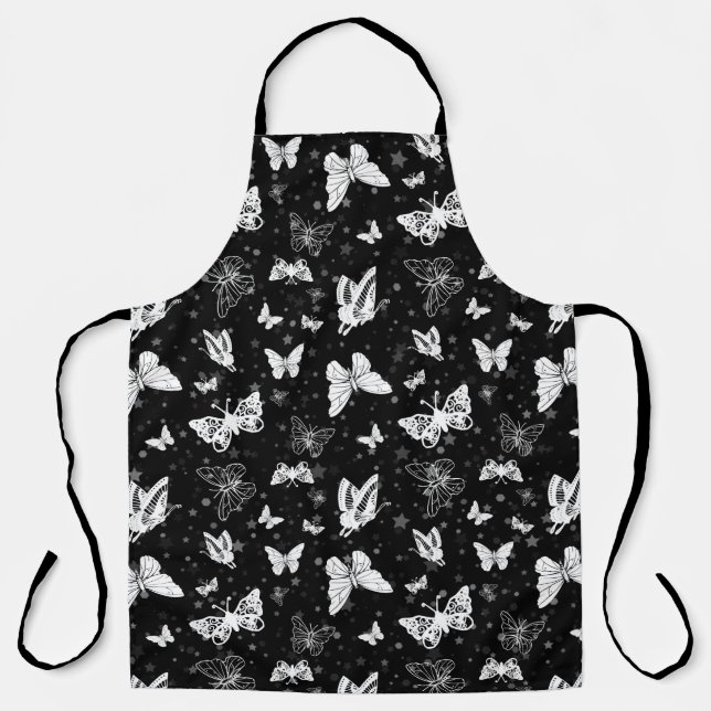 Tablier Motif d'illustration noir blanc papillon (Recto)