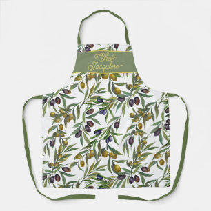 Tablier Motif d'olive de campagne française aquarelle vert
