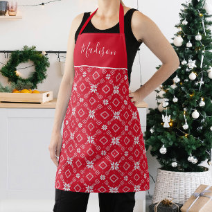 Tablier Motif Festif rouge et blanc nordique de flocon de 