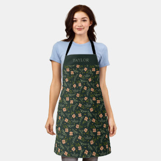 Tablier Motif floral à l'aquarelle vert foncé délicat et