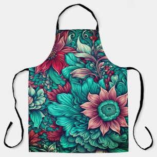 Tablier Motif Floral, Aqua, Turquoise, Turquoise et Gris